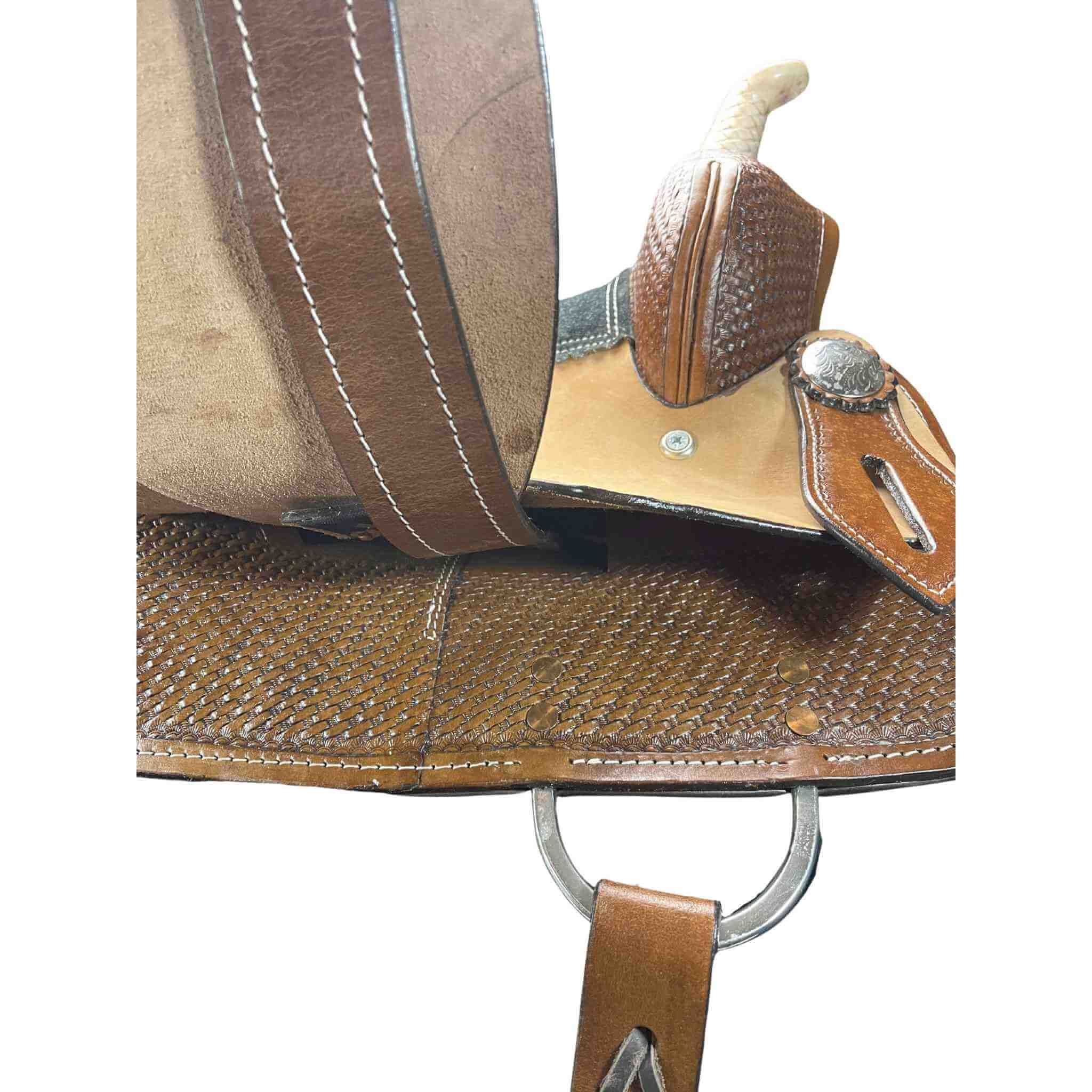 CLEARANCE 16" Double T Barrel Saddle Set w/ Basket Weave Tooling 7654  TexanSaddles.com   