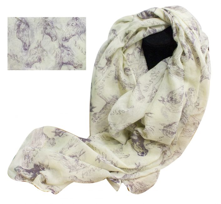 CSJL12-PL: 70" X 40" Oversized soft, cream voile scarf with purple horse design Primary Showman Saddles and Tack   