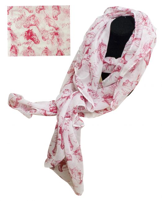 CSJL12-RD: 70" X 40" Oversized soft, white voile scarf with red horse design Primary Showman Saddles and Tack   