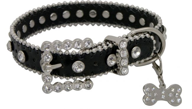 D001-B: Showman Couture ™   Black leather dog collar with crystal rhinestones Primary Showman   