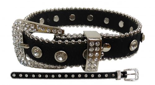 D003B: Showman Couture ™ Black leather fashion dog collar with crystal rhinestones and a crystal r Primary Showman   