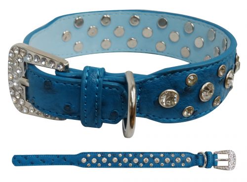 D004: Showman Couture ™ Blue faux ostrich leather dog collar with crystal rhinestones Primary Showman   