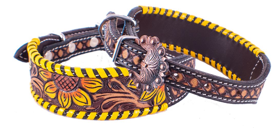 DC-100: Showman Couture ™ Sunflower tooled leather dog collar with yellow leather laced trim Primary Showman   