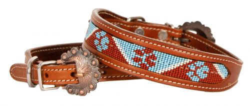 DC-24: Showman Couture ™ Beaded paw print inlay leather dog collar with copper buckle Primary Showman   