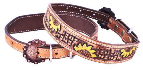DC-28: Showman Couture ™ Hand Painted Sunflower leather dog collar with copper buckle Primary Showman   