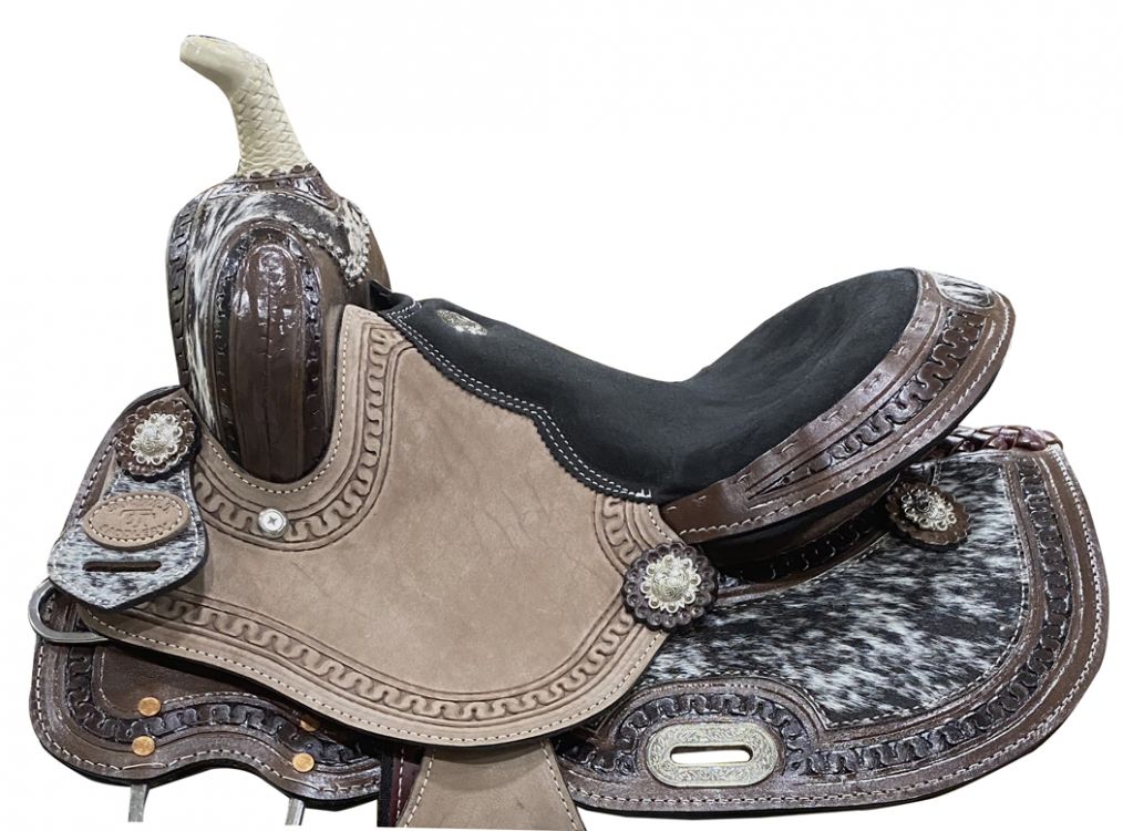 DOUBLE T 13" Youth barrel saddle with hair on cowhide inlay Default Shiloh   