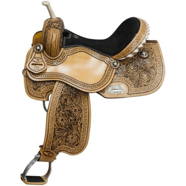 Double T Barrel Saddle With Floral Tooling 6480 Barrel Saddle Double T 14"  