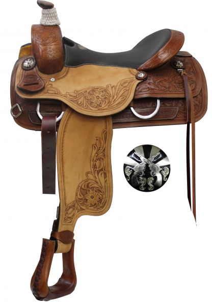 Double T  Roper Style Horse Saddle with Cross Guns Conchos 6567 Roping Saddle Double T   