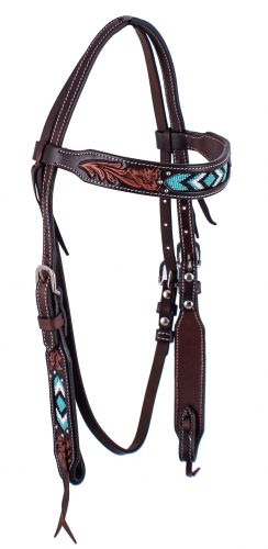 EE-5062: Showman ® Dark Brown Argentina cow leather headstall with teal beaded inlays Primary Showman   
