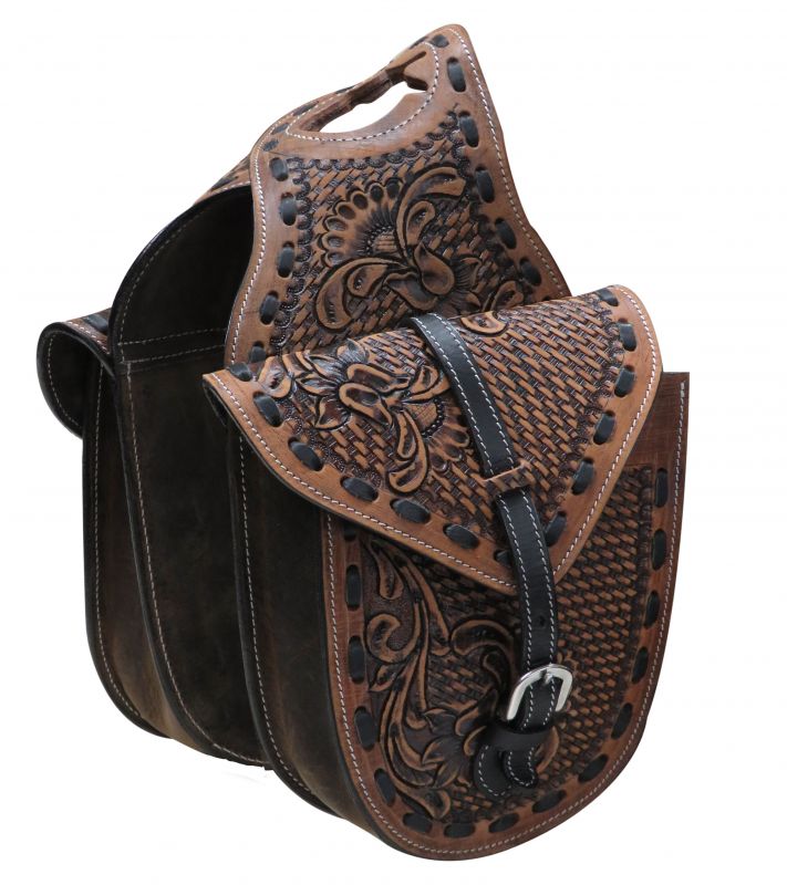 HB-05: Showman ® Floral and basket weave tooled leather horn bag Horn Saddle Bags Showman   
