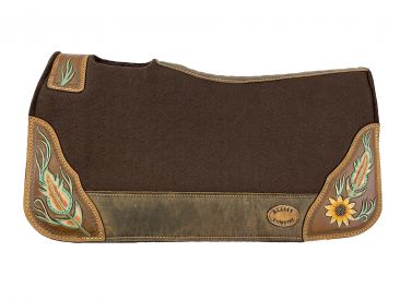 KC-3901: Klassy Cowgirl  28x30  Barrel  Style 1”  Brown  felt  pad with  antiqued feather  & sunfl Western Saddle Pad Showman Saddles and Tack   