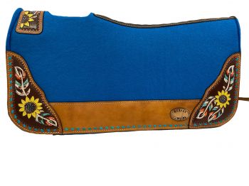KC-3915: Klassy Cowgirl  28x30  Barrel  Style 1” blue felt  pad with blue lacing and painted feath Western Saddle Pad Showman Saddles and Tack   