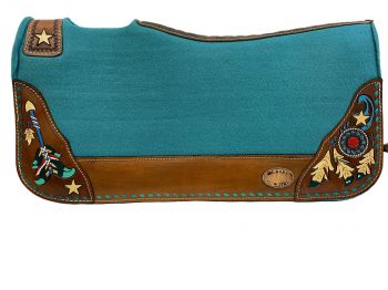 KC-3916: Klassy Cowgirl  28x30  Barrel  Style 1” Teal felt  pad with teal lacing and painted feath Western Saddle Pad Showman Saddles and Tack   