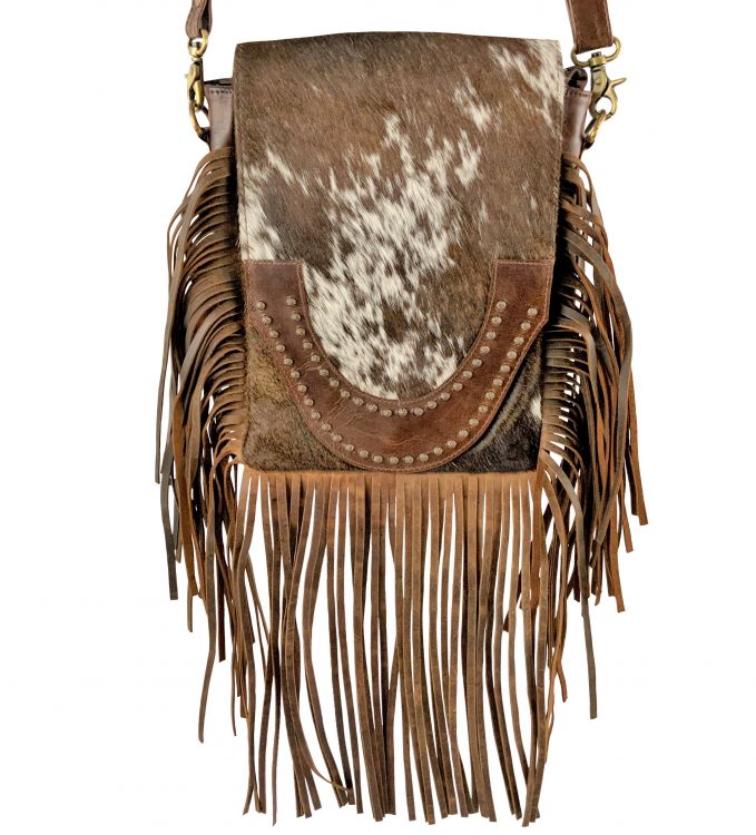 Klassy Cowgirl   Brown and White Cowhide Crossbody Bag with flap and brown suede fringe Default Shiloh   