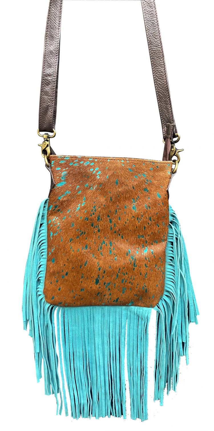 Western tooled leather floral and cowhide inlay fringe round purse