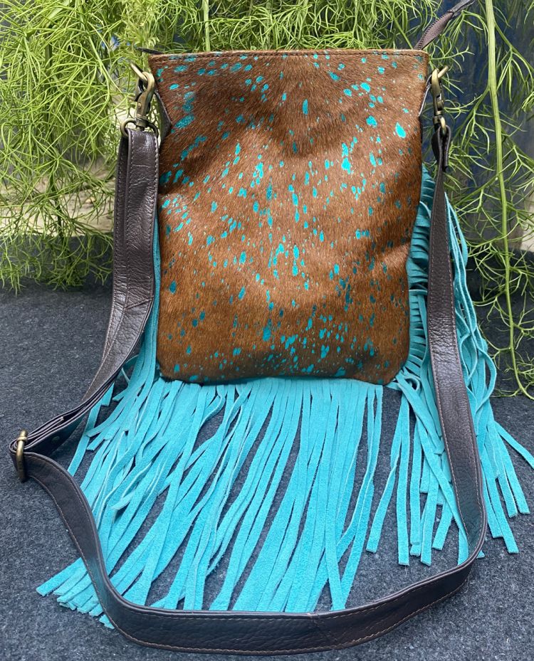 Cowhide Crossbody Purse Western Bag With Fringes Turquoise 