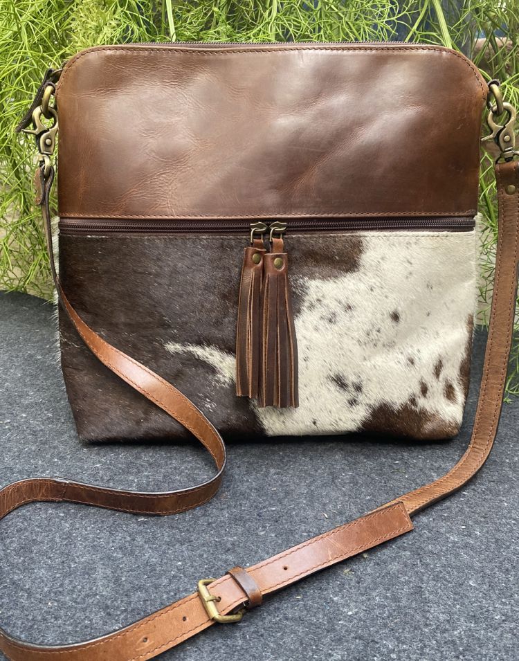 Klassy Cowgirl Leather Crossbody Bag with Hair on Cowhide W ITH Barrel Racer Brand