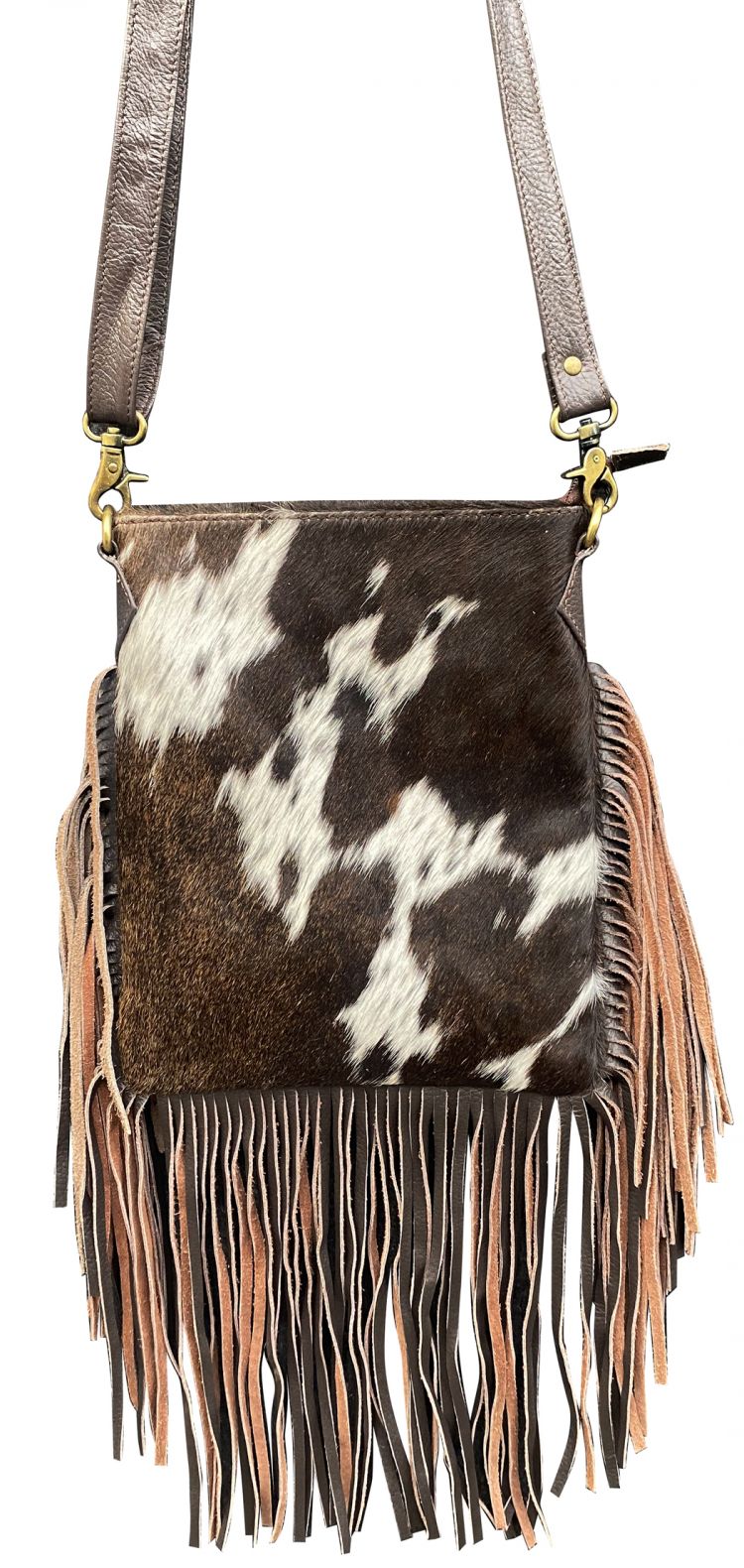 Western tooled leather floral and cowhide inlay fringe round purse