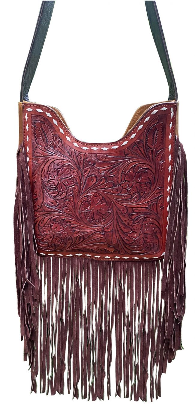 Klassy Cowgirl    Medium Brown Floral Tooled Crossbody Bag with brown suede fringe Default Shiloh   