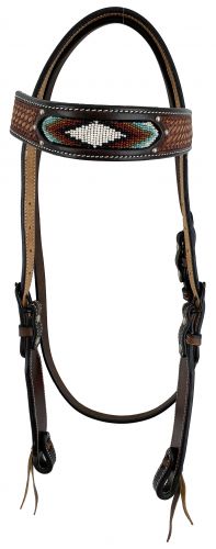 M-128: Showman ® Dark Brown two-tone Argentina cow leather brow-band headstall with  beaded inlay Primary Showman   