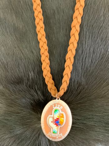 ON2286RTLBN: Braided 26" brown suede necklace, with copper pendant featuring cactus design with "L Primary Showman Saddles and Tack   