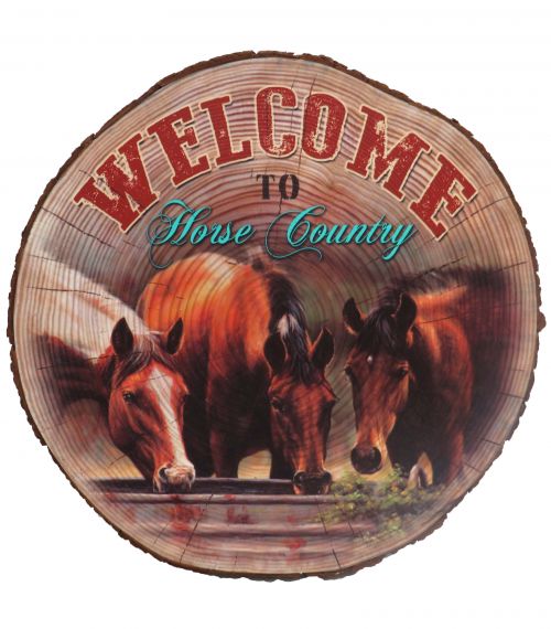 RA8198: 24" Faux cut wood wall decor with " Welcome to horse country" printed graphic Primary Showman Saddles and Tack   