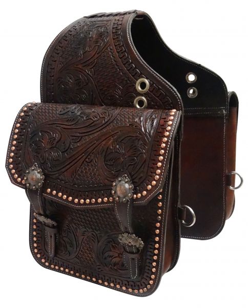 SB-56: Showman ® Tooled dark oil leather saddle bag with engraved antique bronze conchos and buckl Saddle Bag Showman   