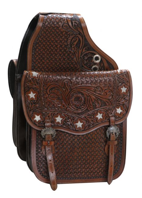SB-64: Showman ® tooled leather saddle bag with hair-on cut out stars Saddle Bag Showman   