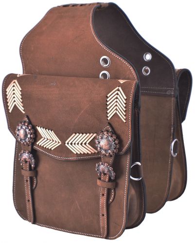 SB-66: Showman ® Brown Roughout Leather saddle bag with rawhide arrow inlays Horn Saddle Bags Showman   