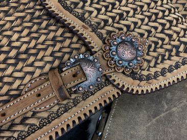 SB-69: Showman ®  Tooled leather  saddle bag  with  engraved antique bronze conchos and buckles Saddle Bag Showman   