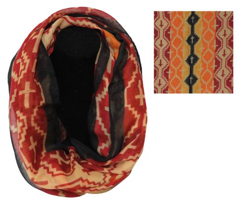 SC0060RD: 74" X 20" Red/Orange/Yellow/Black woven infinity scarf with cross design Primary Showman Saddles and Tack   