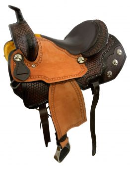SDP001: 15" Economy Barrel Saddle Set with basket stamp tooling, copper beads and silver concho ac Barrel Saddle Showman Saddles and Tack   