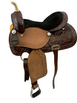 SDP003: 15" Burgundy Economy Barrel Saddle Set with floral tooling with black inlay, accented with Barrel Saddle Showman Saddles and Tack   