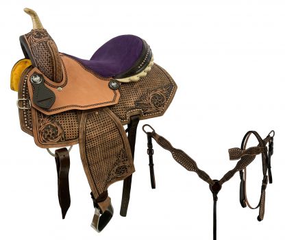 SDP004: 15" Barrel Saddle Set with combo basket stamp & floral tooling, copper dot accents and luc Barrel Saddle Showman Saddles and Tack   