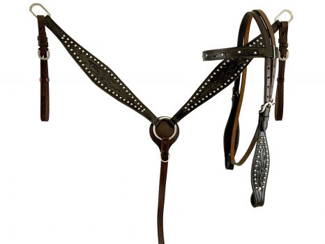 SDP005: 16"Dark Oil Economy Barrel Saddle Set with floral tooling, silver beads and blue ostrich p Barrel Saddle Showman Saddles and Tack   