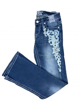 SJ12777: Rockin' Star boot cut denim jeans with embroidered Fleur De Leis Design Primary Showman Saddles and Tack   