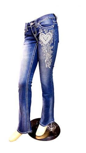 SJ12779: Rockin' Star boot cut denim jeans with embroiderd hearts Primary Showman Saddles and Tack   