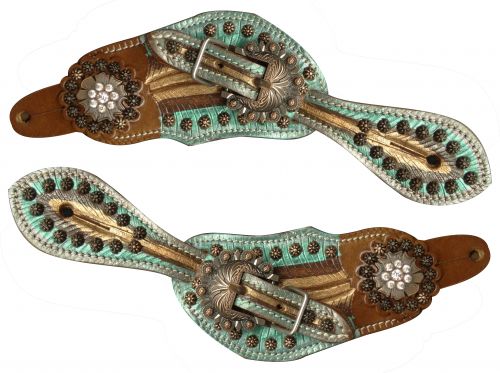 SS-14: Showman ® Youth size metallic painted spur straps with brushed copper engraved hardware and Spur Straps Showman   
