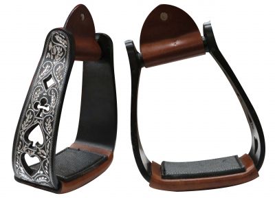ST-02: Showman™ Angled Black Aluminum Stirrups with Silver Engraving and Cut Out Poker Suit Design Stirrups Showman   