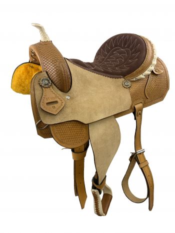 ST1109: 16" Light Oil Barrel Style saddle with roughout fenders & jockies, and padded brown suede Primary Showman Saddles and Tack   