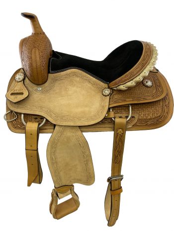 ST130: 16" Roper Style saddle with light roughout fenders & jockies, and padded black suede seat Primary Showman Saddles and Tack   