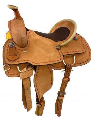 ST132: 16" Roper Style saddle tan rough out with leather inlay seat Primary Showman Saddles and Tack   