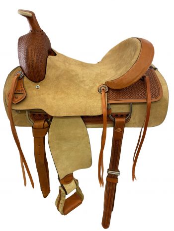 ST134: 16" Roper Style saddle with roughtout leather hard seat Roping Saddle Double T   