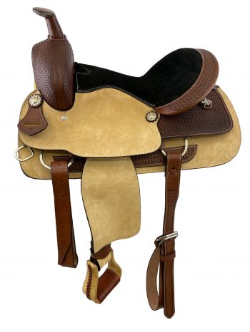 ST135: 16" Roper Style saddle with tan rough out fender and jockies with padded black suede seat Primary Showman Saddles and Tack   
