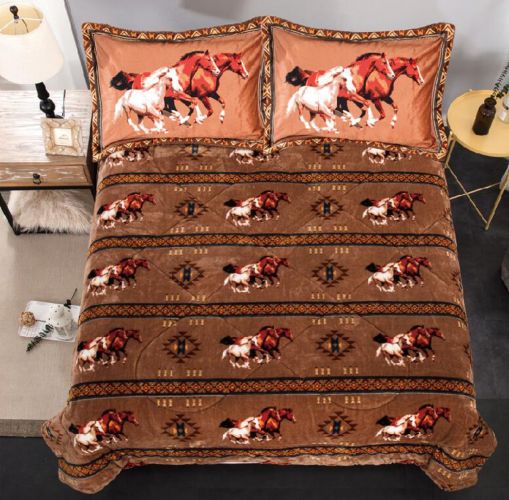 SW0315K: King Size 3 pc borrego comforter set with Geometric Running Horses Primary Showman Saddles and Tack   