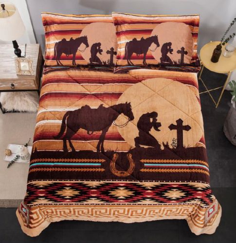SW0317Q: Queen Size 3 pc Borrego comforter set with Geometric Praying Cowboy design Primary Showman Saddles and Tack   