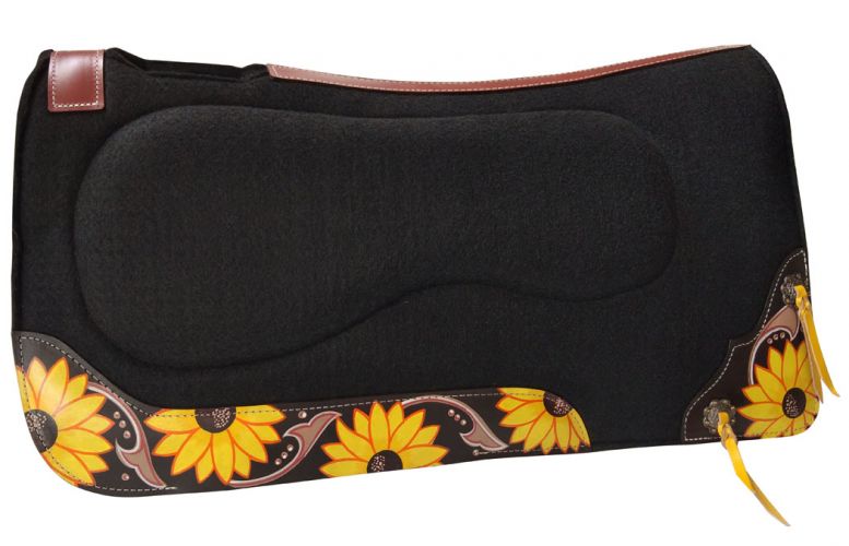 Showman ® 32" L x 31" W Black felt built up saddle pad with hand painted sunflower 24007 wear leather Western Saddle Pad Showman   