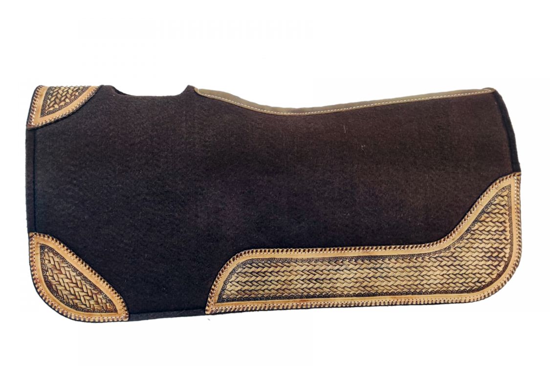 Showman  ® 32" x 31" x 1" Brown Felt Saddle Pad with Light Oil Basket Stamp Leather Accents Western Saddle Pad Shiloh   