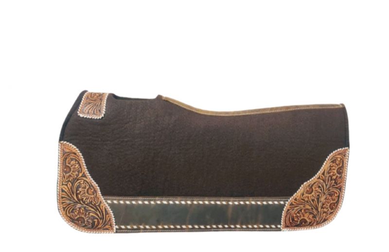 Showman  ® 32" x 31" x 1" Brown Felt Saddle Pad with Medium Floral Stamp Leather Accents Western Saddle Pad Shiloh   