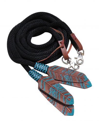 Showman  ® 8ft round braided nylon split reins with teal painted feather popper Default Shiloh   
